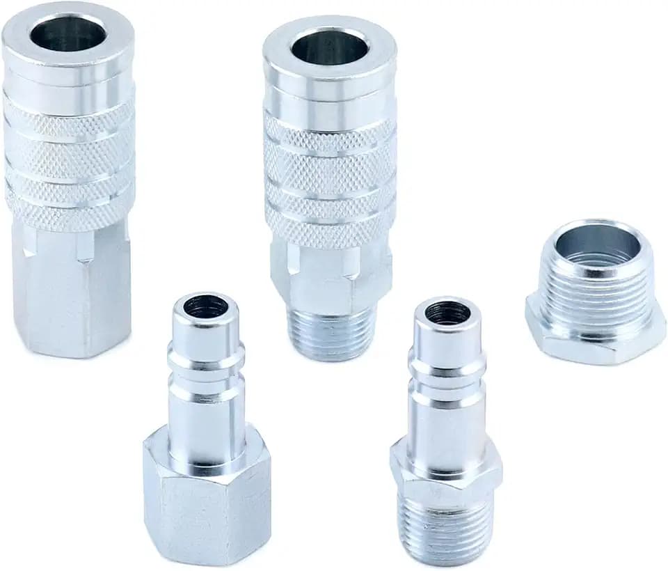 QWORK High-Flow G-Style 5-Piece Coupler and Plug Kit with Air Hose Reducer Bushing Set - 1/2" NPT, 99 SCFM, 300 PSI - Ideal for Pneumatic Applications in Automotive and Industrial Settings