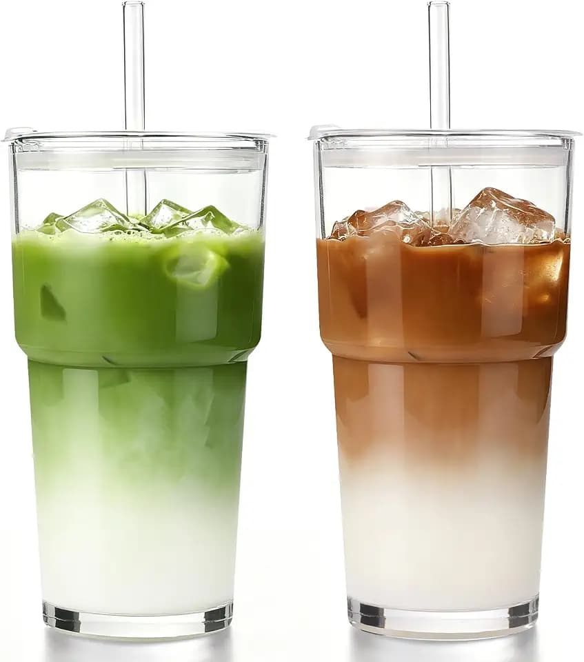 Iced Coffee Cups with Lids 2Pcs: Coffee Bar Accessories - Glass Tumbler with Straw and Lid 20oz - Vintage Glass Cups with Lids and Straws - Tumbler Leak Proof Aesthetic Drinkware for To Go Iced Coffee