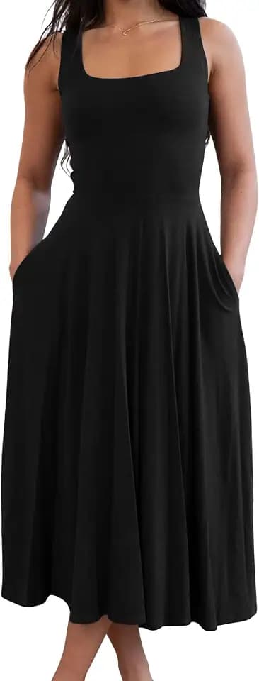 FairBeauty Women's Square Neck Casual Dress Summer Sundress with Pockets