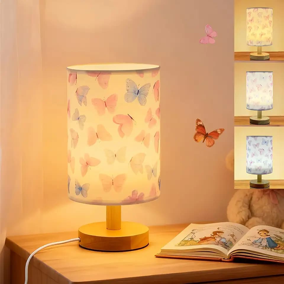 Butterfly Kids Table Lamp for Bedroom,Kids Bedside Lamps 3 Colors Dimmable Nightstand Night Light with Cartoon Flaxen Fabric Shade Desk Lamp for Girls Boys Room Nursery Decor,Butterfly Gifts for Girls