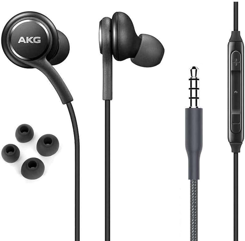 ElloGear Stereo-Ohrhörer für Samsung Galaxy S10, S10E Plus, Erstausrüster, kabelgebunden, entworfen von AKG, mit Mikrofon und Lautstärkeregler, schwarz