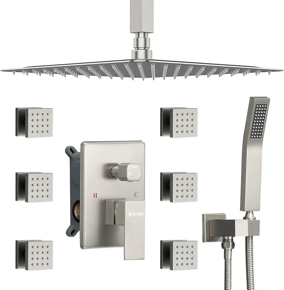 DASAN Full Body Shower System with 6 PCS Body Spray Jets & 12'' Rain Shower Head & Handheld, Ceiling Mount Rain Shower System Brushed Nickel Shower Faucets Sets Complete with Valve, SA-SS03ABN-S12C