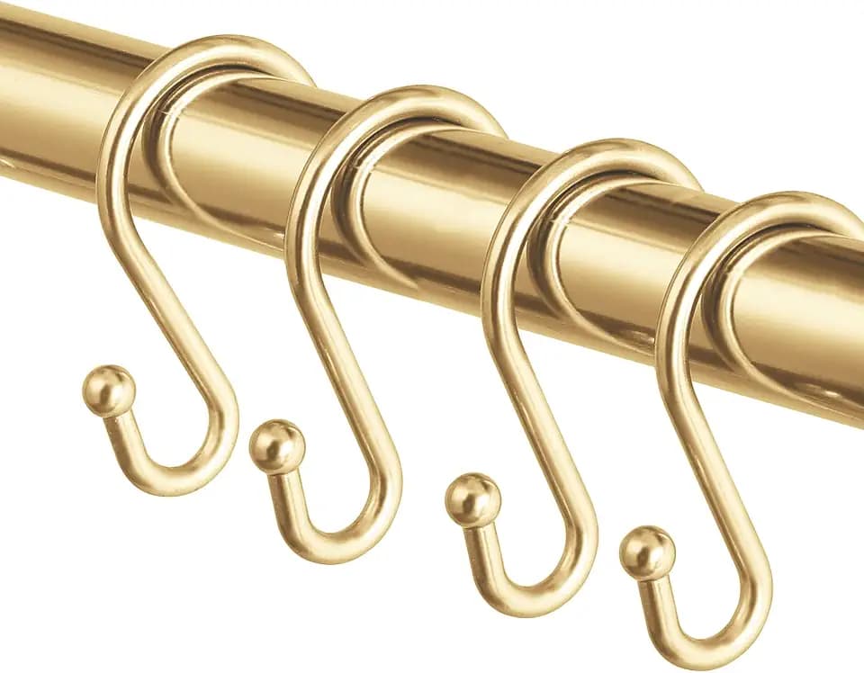 Metal Shower Curtain Hooks,Set of 12 Rings,Rust Resistant S Shaped Hooks Hangers for Shower Curtains, Kitchen Utensils, Clothing, Towels, etc. (Gold)