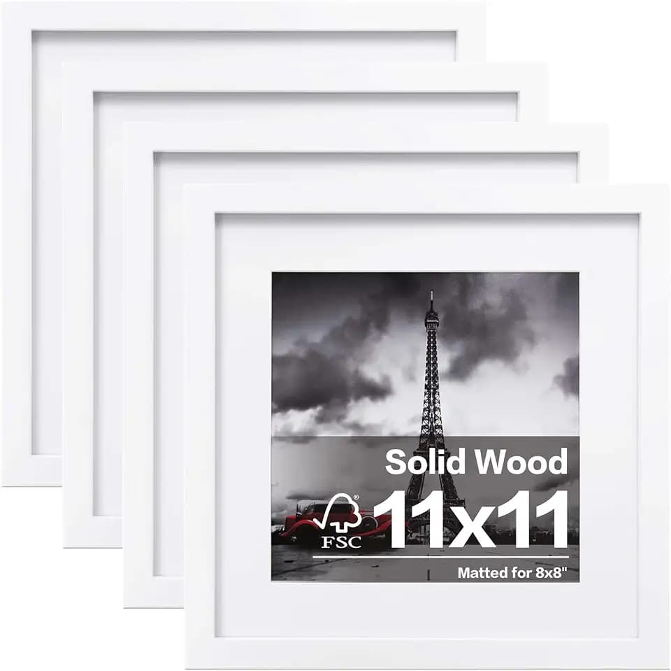 Egofine 11x11 Picture Frames 4 PCS, Made of Solid Wood Covered by Plexiglass for Pictures 4x4/8x8 with Mat for Table Top Display and Wall Mounting Square Photo Frame White