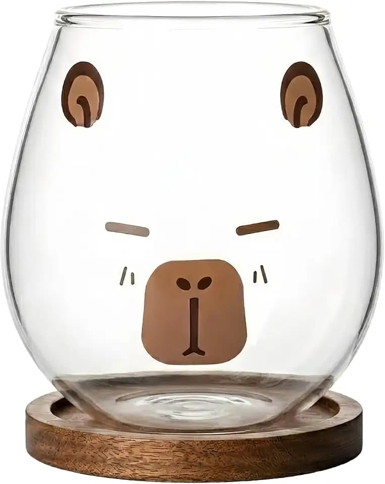 TREEWOO Funny Capybara Gifts Glass Cup with Wooden Lid Coaster Sets Cute Stuff Birthday Decoration Novelty Drinkware for Coffee Tea Milk Cappuccino Latte