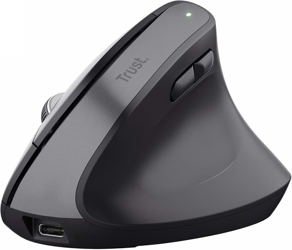 Trust Bayo+ Wiederaufladbare Vertikale Maus Bluetooth + 2.4GHz, Schwarz | Vorbeugung Gegen Mausarm/Tennisarm (RSI Syndrom), Kabellose Ergonomische Maus PC Laptop Mac