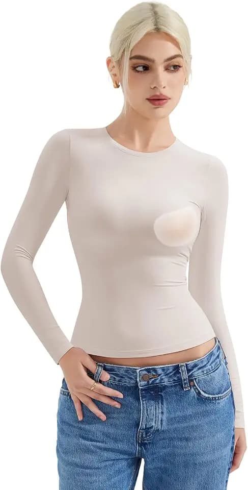 SUUKSESS Women Double Lined Fitted Basic T Shirts Crew Neck Long Sleeve Crop Top