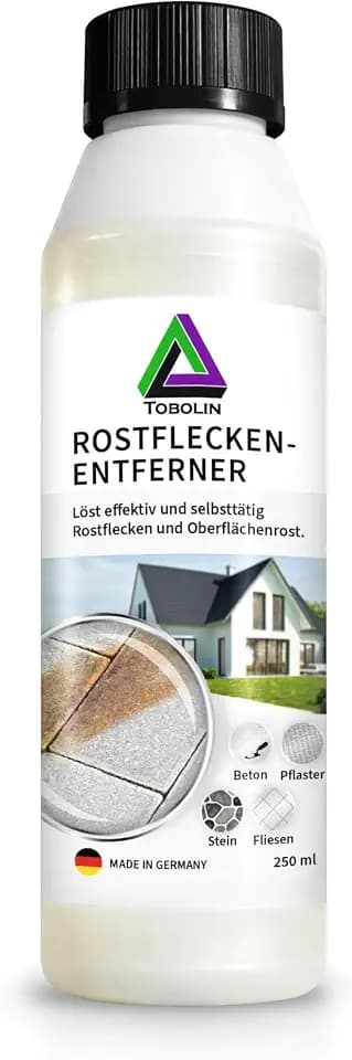 TOBOLIN Rostfleckenentferner 250 ml – Entfernt Rostflecken, Eisenablagerungen und eisenhaltige Rückstände auf Pflastersteinen, Terrasse, Werkstatt und Garage – für Stein, Beton und Fliesen
