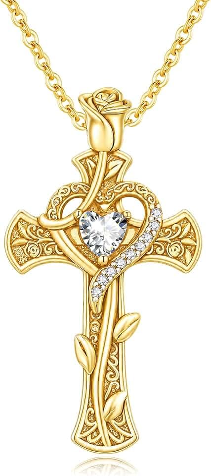 Gold Cross Necklace for Women Heart Birthstone Rose Pendant Religious Jewelry Gifts 18K Plated Cross Religious Pendant Birthday Easter Mothers Day Gift for Wife Mom Birthday Gifts