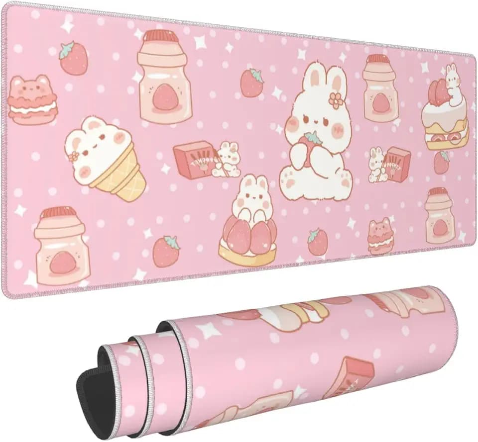 Kawaii Rabbit Strawberry Gaming Mouse Pad Extended Large Mouse Mat 31.5 X 11.8 Inch Nonslip Rubber Base Long Desk Pad Stitched Edges Mousepad Mice Pad for Office Home Game
