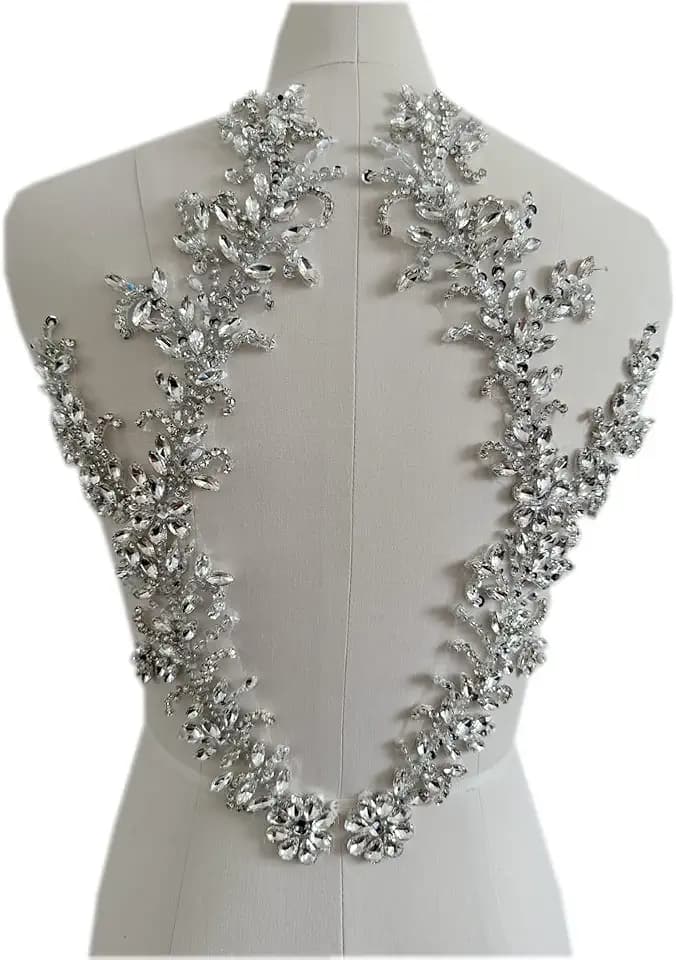 Handmade Rhinestones lace Trim Patches handsewing Beads Applique for Dress DIY Accessories (Silver)