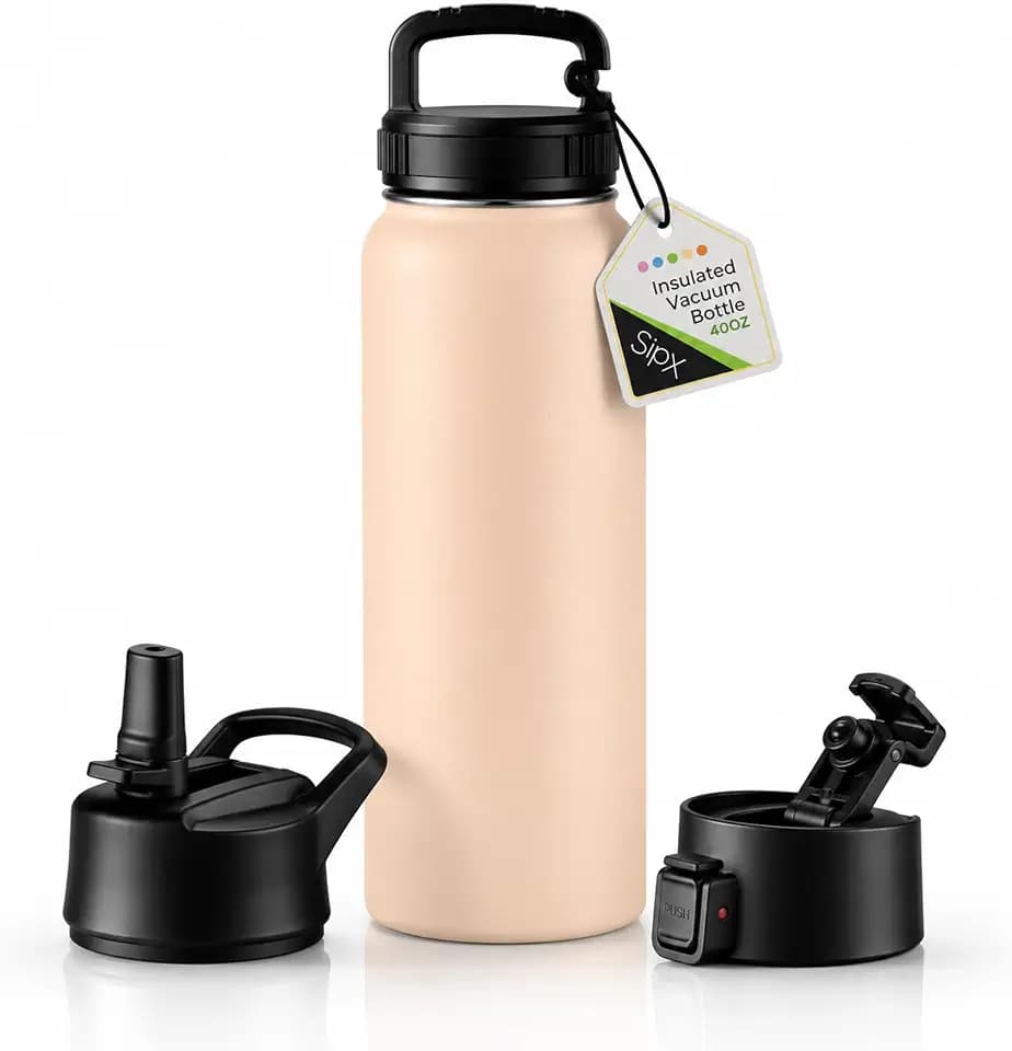 SipX™ 40 oz Insulated Water Bottle with 3 Lids – Leakproof Stainless Steel, Triple Insulated – Cold 24 Hours/Hot 12 Hours – Durable Bottle for School, Gym, Travel – Pink