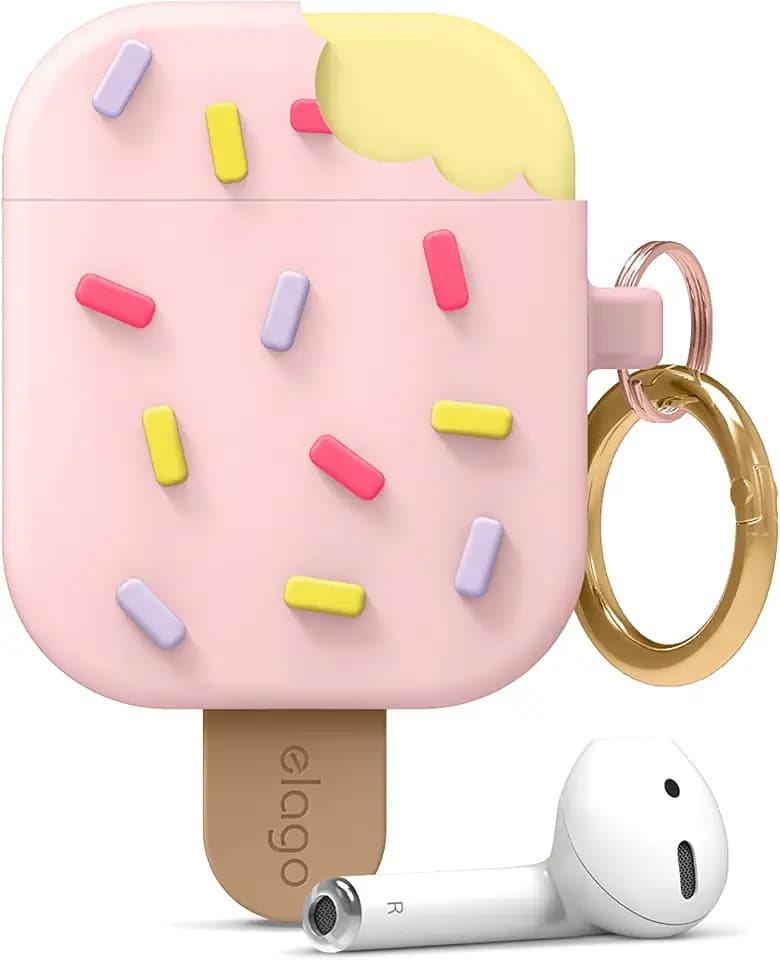 elago Ice Cream Case mit Karabiner Kompatibel mit AirPods Hülle 1 & 2, Silikonhülle im 3D EIS-Design, Süße Schutzhülle (Erdbeere)
