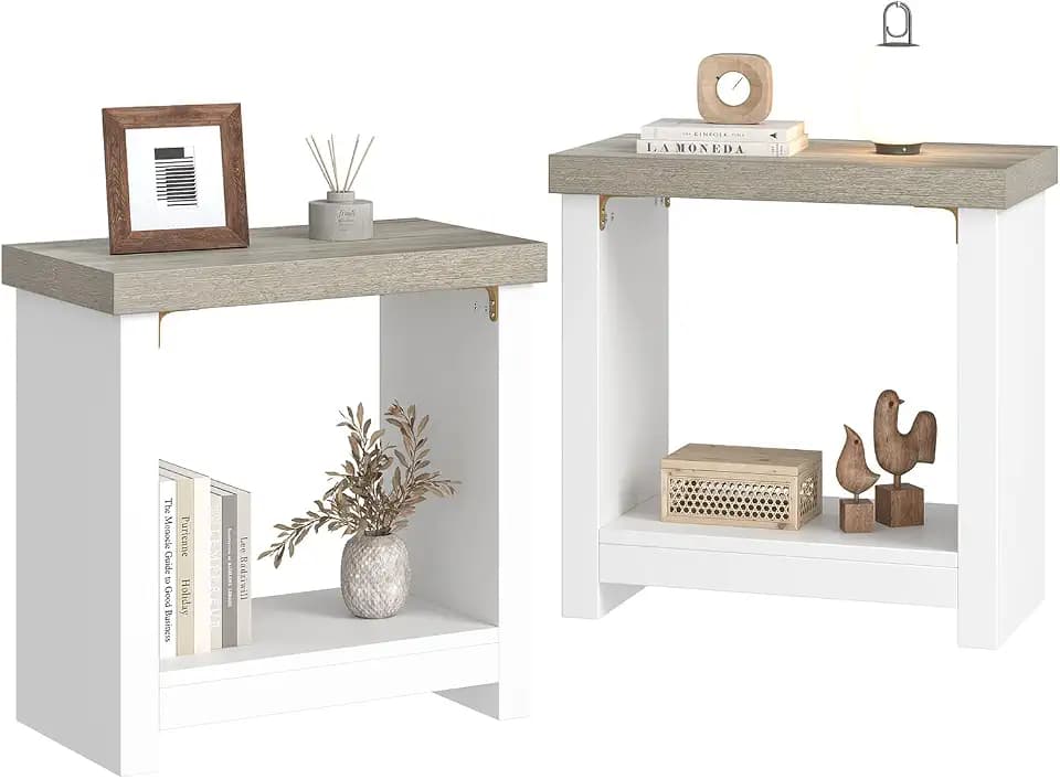 End Tables Set of 2 for Living Room, Narrow Side Tables with Storage Shelves, Square End Table for Bedroom, Slim Nightstand, Skinny Rectangle Accent Table, Farmhouse Bedside Table, White + Gray