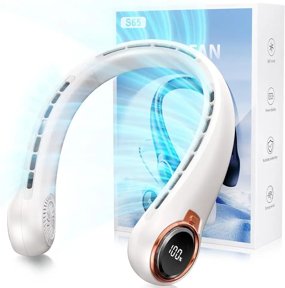 Portable Neck Fan with 6000mAh USB - Rechargeable Battery, Ultra-Light Bladeless Neck Fan LED Display, 360° Cooling Wearable Fan, 3 Speeds-White