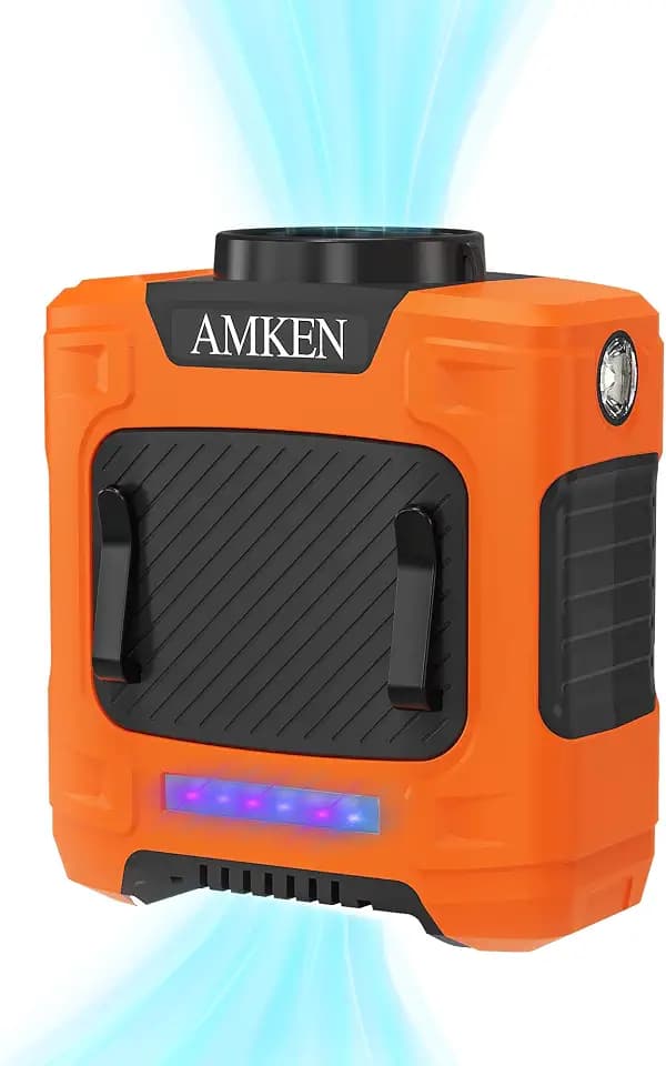 AMKEN Waist Fan, 10000mAh Rechargeable Belt Clip Fan, 24H Runtime, 49ft/s Strong Airflow, 3-Speed 7-in-1 Hands-Free Wearable with LED SOS Warning Light for Jobsite, Warehouse, Camping, Outdoor Work
