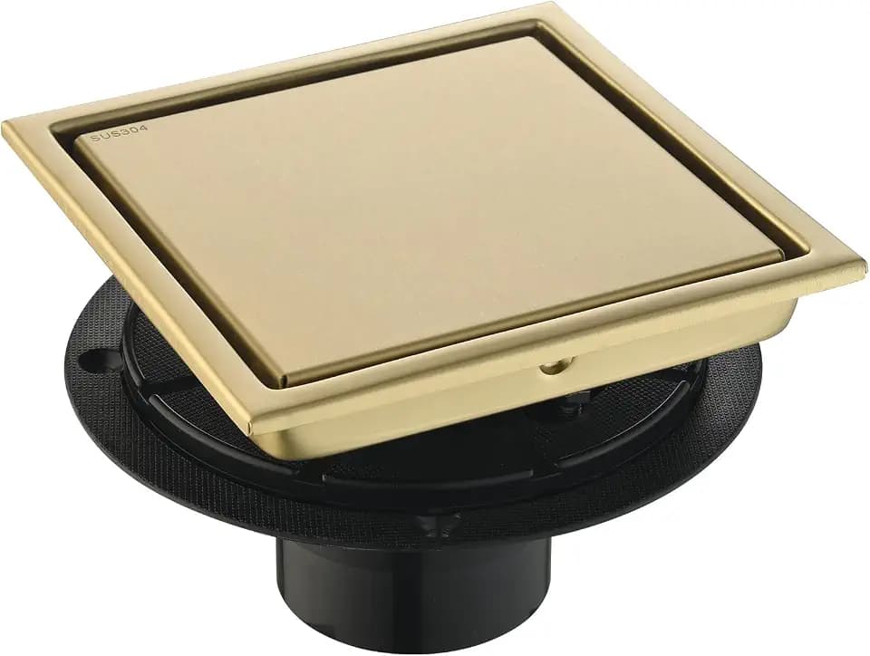 Square Shower Floor Drain, 6 Inch, Brushed Gold, Tile‑Insert Cover Panel