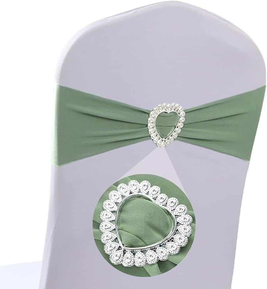 Sage Green Chair Sashes Bows 50 Pack Spandex Chair Cover Bands with Buckle Slider Elastic Chair Ties for Wedding Banquet Party Event Decoration