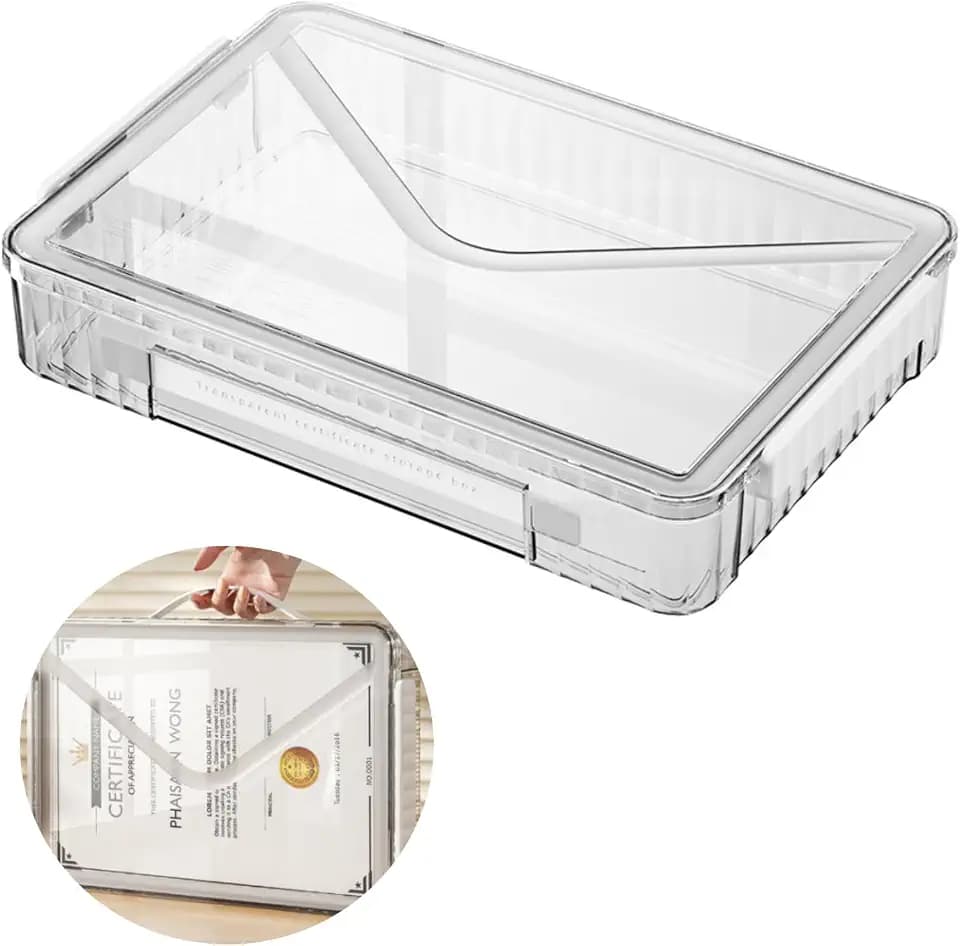 Marte Vanci Plastic Storage Bin with Lid Portable Project Case with Handle Clear Storage Box File Document Protector Stackable Container for A4 Letter Paper Photo Craft Scrapbook(White Handle)