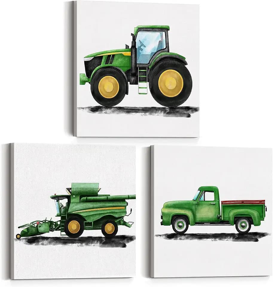 Set Of 3 Tractor Nursery Farm Vehicles Art Canvas Wall Art Framed