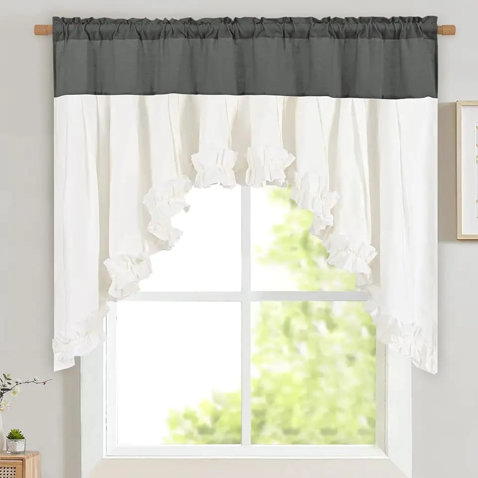 Likiyol Linen Valances for Windows Farmhouse Ruffle Swag Valance Rustic Country Window Valances Light Filtering Kitchen Curtains Rod Pocket Valance Curtains for Bathroom Cafe, Grey White, 60"W x 36"L