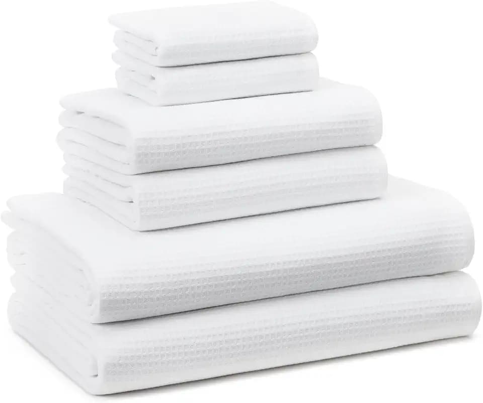 TOWN & COUNTRY BASICS 6-Piece Assorted Waffle Woven Terry Stripe Set, 2 Bath Towel, 2 Hand Towel, 2 Washcloth, 100% Cotton, Quick Dry, White