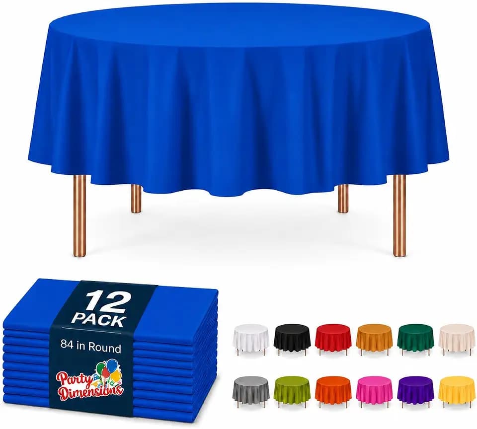 Party Dimensions Blue Disposable Plastic Tablecloth for Round Tables (12 Pack) 84 inches Table Cloths for Parties, Events & Weddings, Indoors & Outdoors, Plastic Table Cover