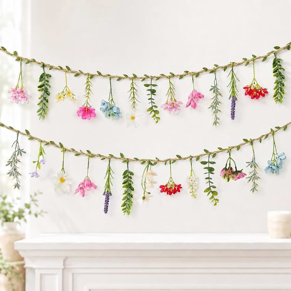 2 PCS 6.5ft Artificial Flower Banner Wildflower Garland Hanging Flowers for Garden Birthday Wedding Tea Party Bridal Shower Home Spring Supplies(Hemp Rope)