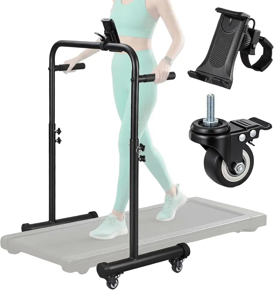Leinuosen 24.4 Inch Wide Handle Bar for Walking Pad Only with Phone Holder and 4 Wheels Adjustable Handrail Height from 41.37 to 50.03 Inch Comfortable Grip Stainless Steel Frame Stable, with Handle