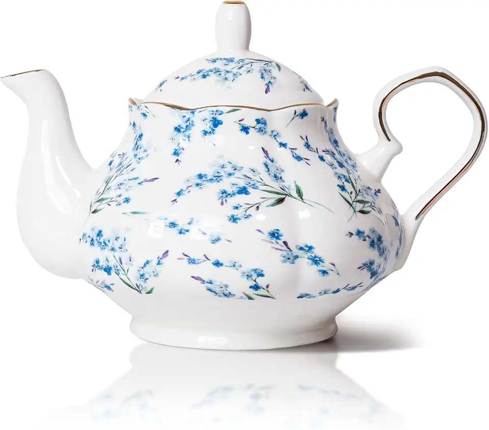 33.8 oz Porcelain Tea Pot Luxury Gold Trim Floral Ceramic Teapot Waterpot Tea Maker for Blooming Loose Leaf Tea Coffee Milk Chrismas Women Gift Housewarming Home Kitchen Décor (Blue Blossom)