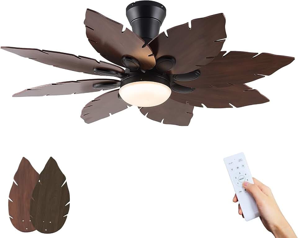 52'' Palm Leaf Ceiling Fans with Lights,Handmade Wooden Dual Fan Blades,Tropical Ceiling Fans with Remote,22W 3 Color LED Light, DC Reversible Motor, Low Profile Ceiling Fan for Patio, Living room