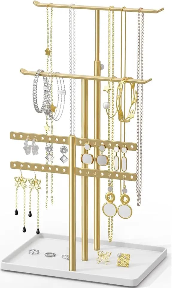 susswiff Jewelry Holder Organizer Stand - Adjustable Jewelry Tree 17.5" Height (Max), Jewlery Hanger for Necklaces, Bracelets, Earrings, Aesthetic for Storage and Display, Metal, Gold and White