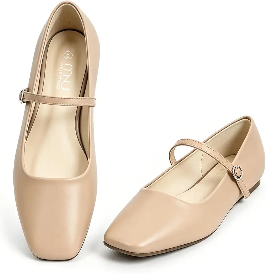 MUSSHOE Square Toe Mary Jane Flats for Women: Comfortable Non-Slip Dressy Business Casual Shoes with Adjustable Strap for Office Work