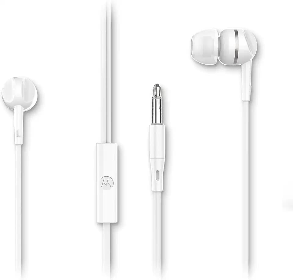 Motorola Wired Earbuds with Microphone - Earbuds 105 Corded In Ear Headphones, Control Button for Calls/Music, Comfortable Lightweight Easy-Grip Ear Buds, Clear Bass Sound, Noise Isolation - White