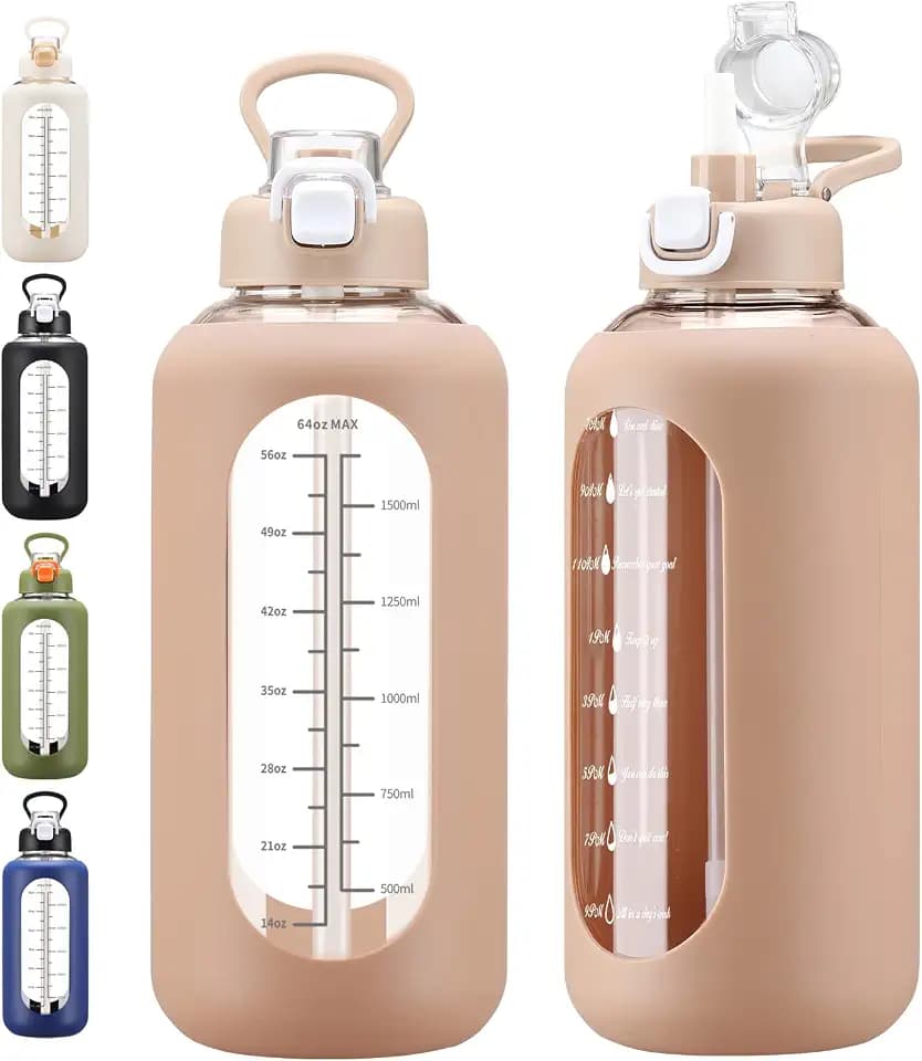 chunmo 64 oz Glass Water Bolttles with Straw Half Gallon Large Motivational Water Bottle with Time Marker Sports Water Bottles with Silicone Sleeve and Handle Lid Water Jug for Gym Workout