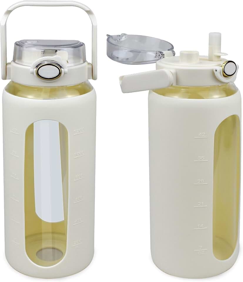 52oz(1.5L) Glass Water Bottle with Straw and Handle Lid 0.4Gallon Motivational Glass Bottle with Silicone Sleeve and Large Reusable Sports Water Jug for Daily Hydration, Sports Bottles (Beige)