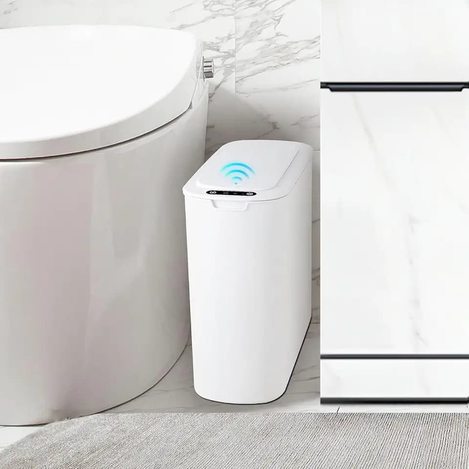 TIPGO Automatic Small Bathroom Trash Can with Lid, 2.6 Gallon, White