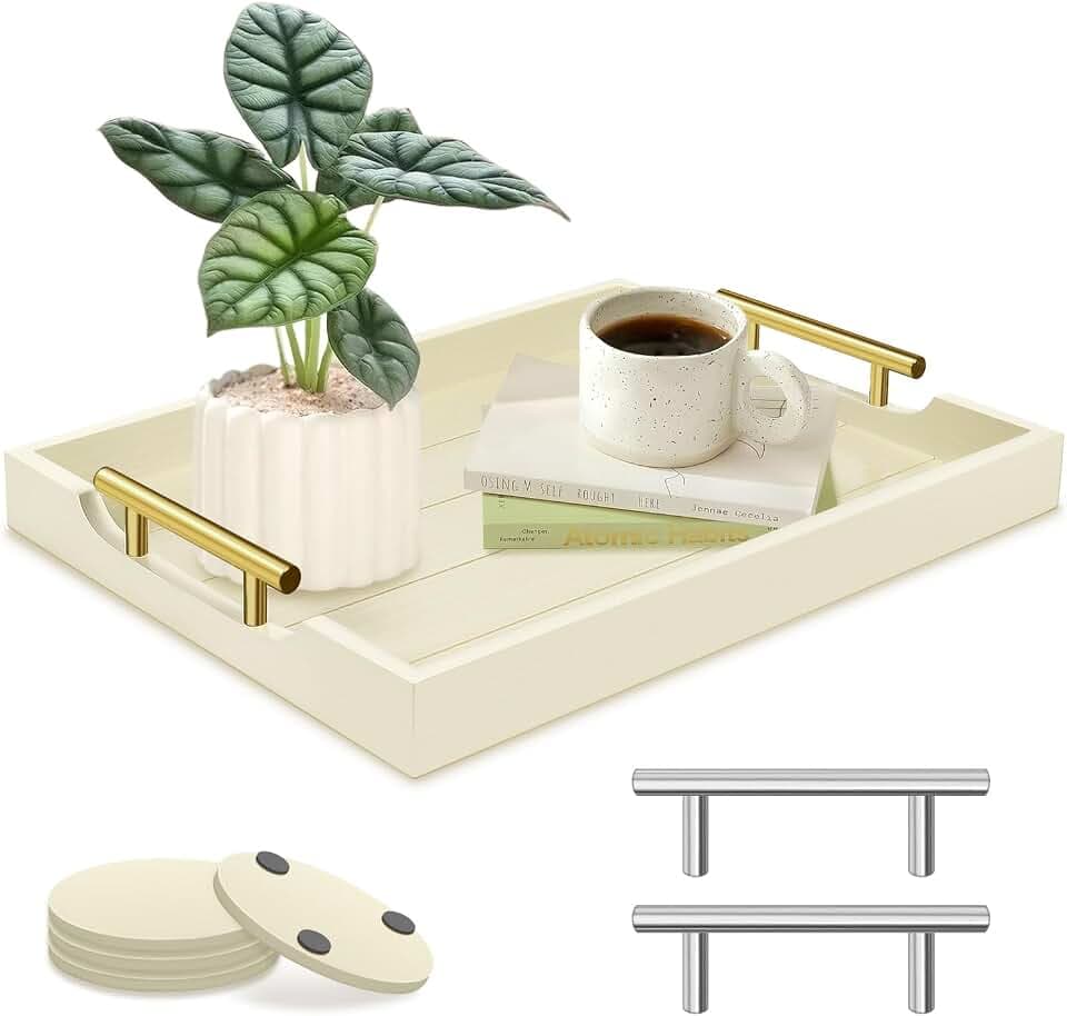 SXNOWS Wooden Serving Tray with 2 Sets of Handles,Cream