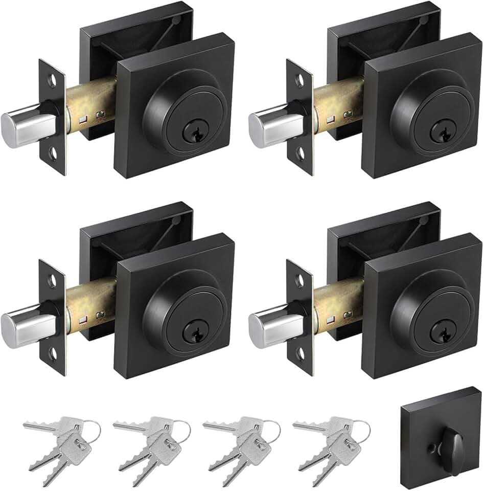 Black Square Deadbolt Lock 4 Pack, Matte Black Single Cylinder Deadbolt with All Same Keys, Heavy Duty Dead Bolt Lock for Home and Office Security, Keyed 1 Side