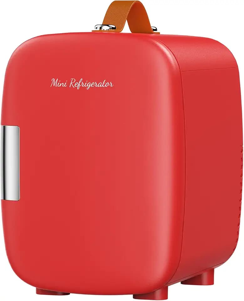 DUMOS Mini Fridge for Bedroom, 4L Compact Personal Fridge Cooler For Skincare, Drinks, And Snacks, Fits 6 Cans, Mini Refrigerator with 110V Ac/12V Dc, Ideal For Car, Dorm, Red