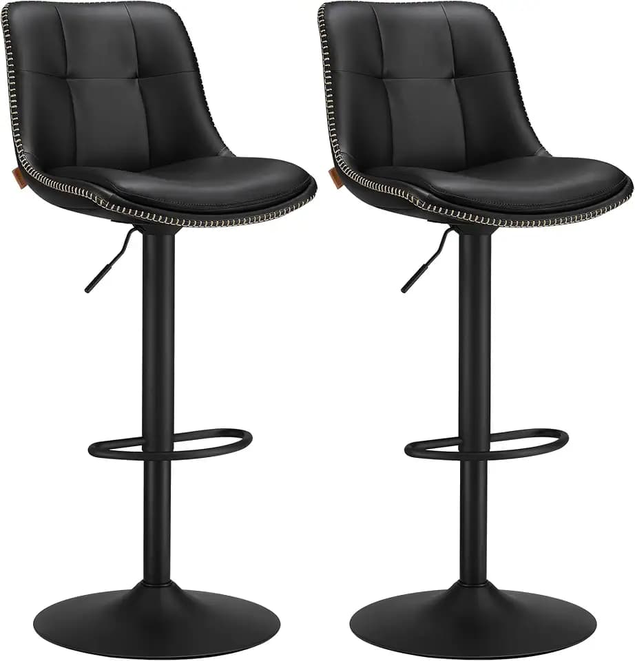 VASAGLE Bar Stools, Set of 2 Swivel Bar Chairs, Adjustable Height, Quilt, Synthetic Leather Kitchen Stools with Back and Footrest, Dining Room, Counter, Steel, Ink Black ULJB095B01