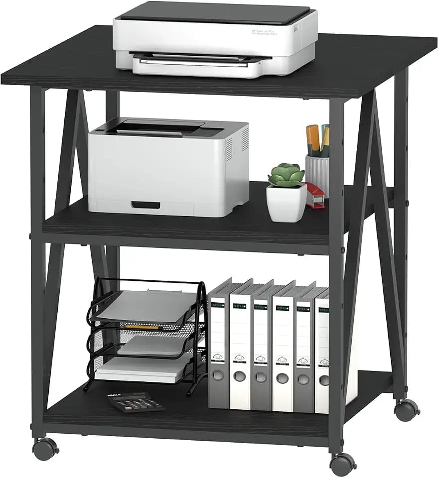 Arbuxzuy 3-Tier Printer Stand, Large Printer Table with Storage, Industrial Printer Storage Cart with Wheels, Rolling Printer Stand for Heat Press Scanner Fax, Black