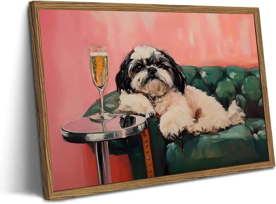 Funny Dog Wall Art, Cute Animal On Couch Bar Cart Pictures Wall Decor Paintings, Eclectic Dog with Cocktail Canvas Prints, for Living Room Dining Room Bedroom 12x16 inch Wood Framed