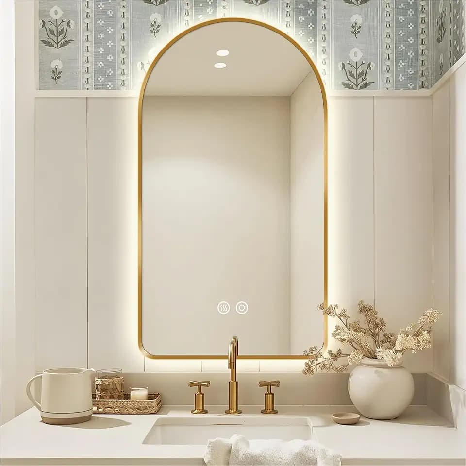 24 x 36 in Arched LED Bathroom Mirror, Brushed Gold Framed, Backlit