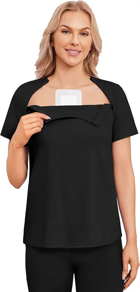 Deyeek Chemo Shirts for Port Access Women with 2 Hidden Side Zippers Post Surgery Short Sleeve Tear Away Adaptive Top Tees