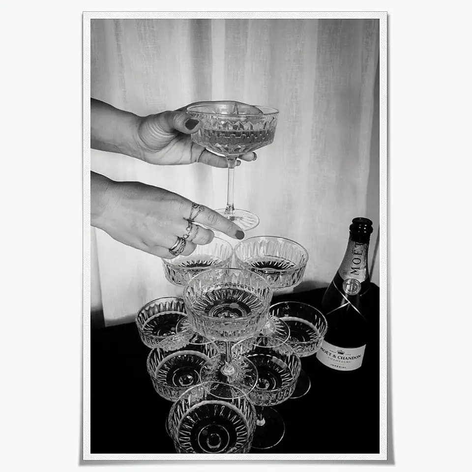 Black and White Vintage Wall Art Bar Cart Champagne Glasses Poster Retro Funky Wine canvas Print for living room dormitory bar girl room Kitchen Dining Room Decor 12x18inch Unframed