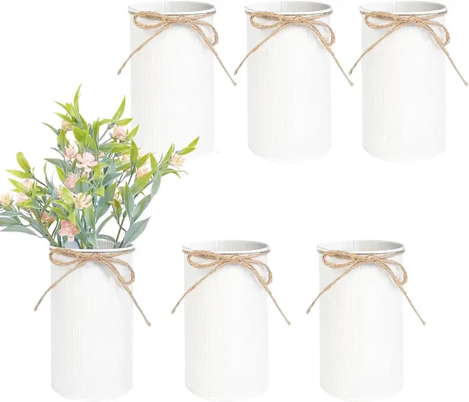 6" High Rustic Metal Mason Jar Vase Centerpiece for Table, White, 6 pcs