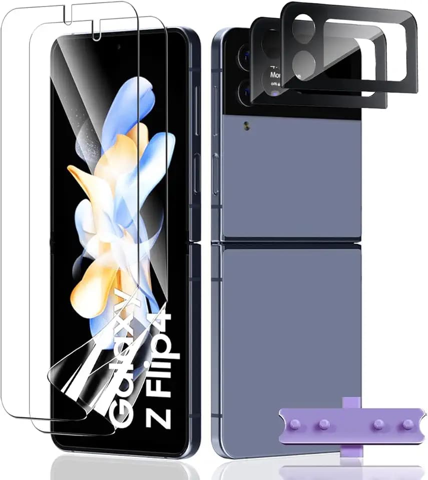 Teenrpov Schutzfolie für Samsung Galaxy Z Flip 4, 2 Stück HD Klar Displayfolie und 2 Stück Schutzglas Kameraschutz, Weiche TPU Folie, Fingerabdruck-ID Anti- Kratzer Displayschutz für Galaxy Z Flip 4