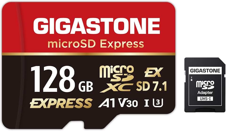 【Für Switch 2 entwickelt】GIGASTONE 128GB microSD Express Speicherkarte SDXC, bis zu 880/500MB/s, SD 2.0 3.0 5.0 7.1 UHS-I UHS-II, Action-Kameras Drohnen, V30 U3, mit SD-Adapter 【5 Jahre Datenrettung】