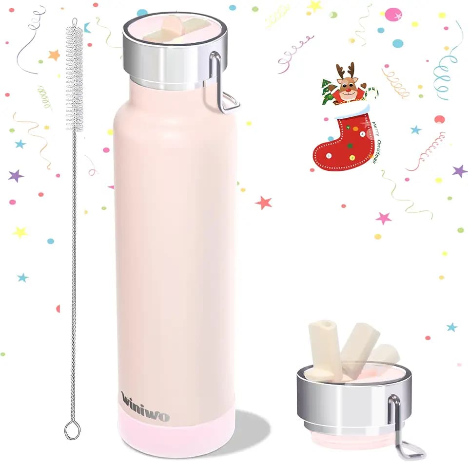 24 oz Insulated Slim Water Bottle with Flip Straw and Handle, Stainless Steel Water Bottles, Fits Car CupHolder, 100% Leak Proof, Keeps Drink Cold Up to 24 Hours, Sports/Gift (Light Pink)